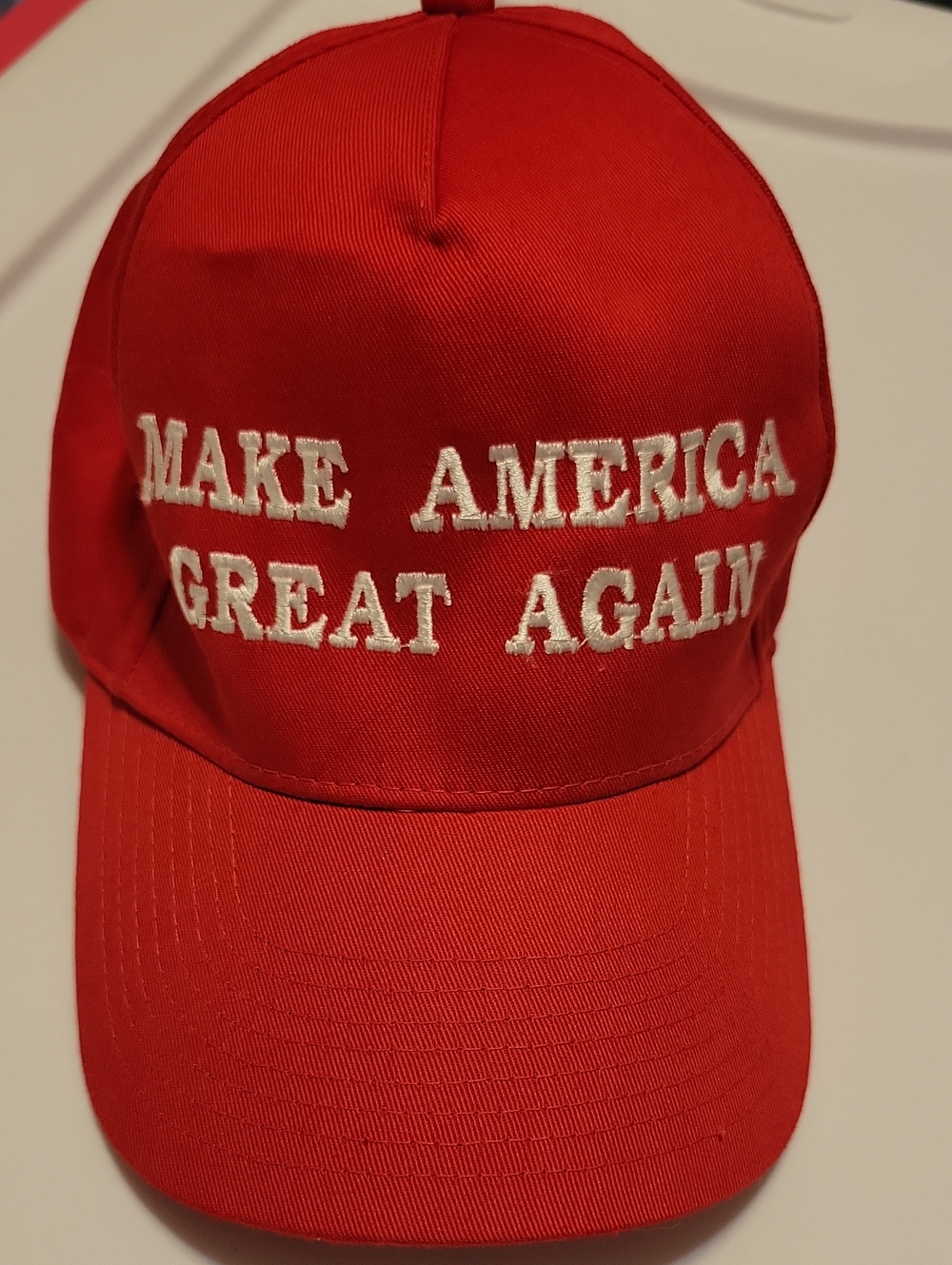 Red Embroidered Trump Baseball Cap with Bold White Lettering